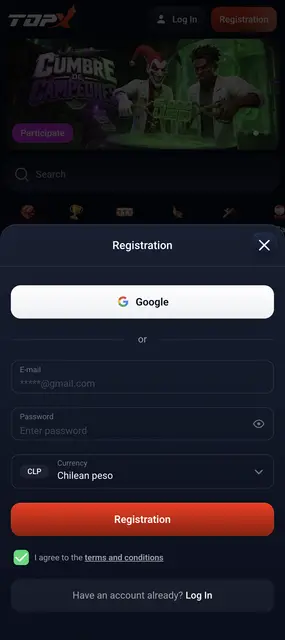 Pantalla de registro con el peso chileno como moneda en TopX desde el celular