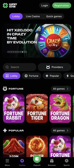 Página de inicio con la sección Fortune de PG Soft en Lucky Star desde el celular